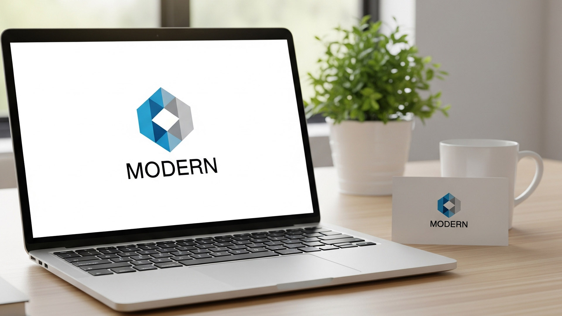 การออกแบบโลโก้สไตล์มินิมอลบนหน้าจอแล็ปท็อปและนามบัตรในออฟฟิศที่ดูทันสมัย สื่อถึงการสร้างตัวตนที่ชัดเจนให้กับธุรกิจ