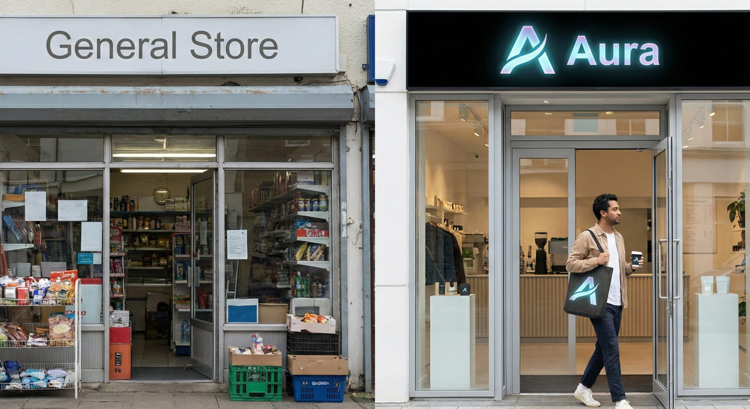 เปรียบเทียบหน้าร้านทั่วไปกับร้านที่ผ่านการออกแบบโลโก้แบรนด์ Aura ช่วยสร้างเอกลักษณ์และการจดจำที่เหนือกว่าคู่แข่ง