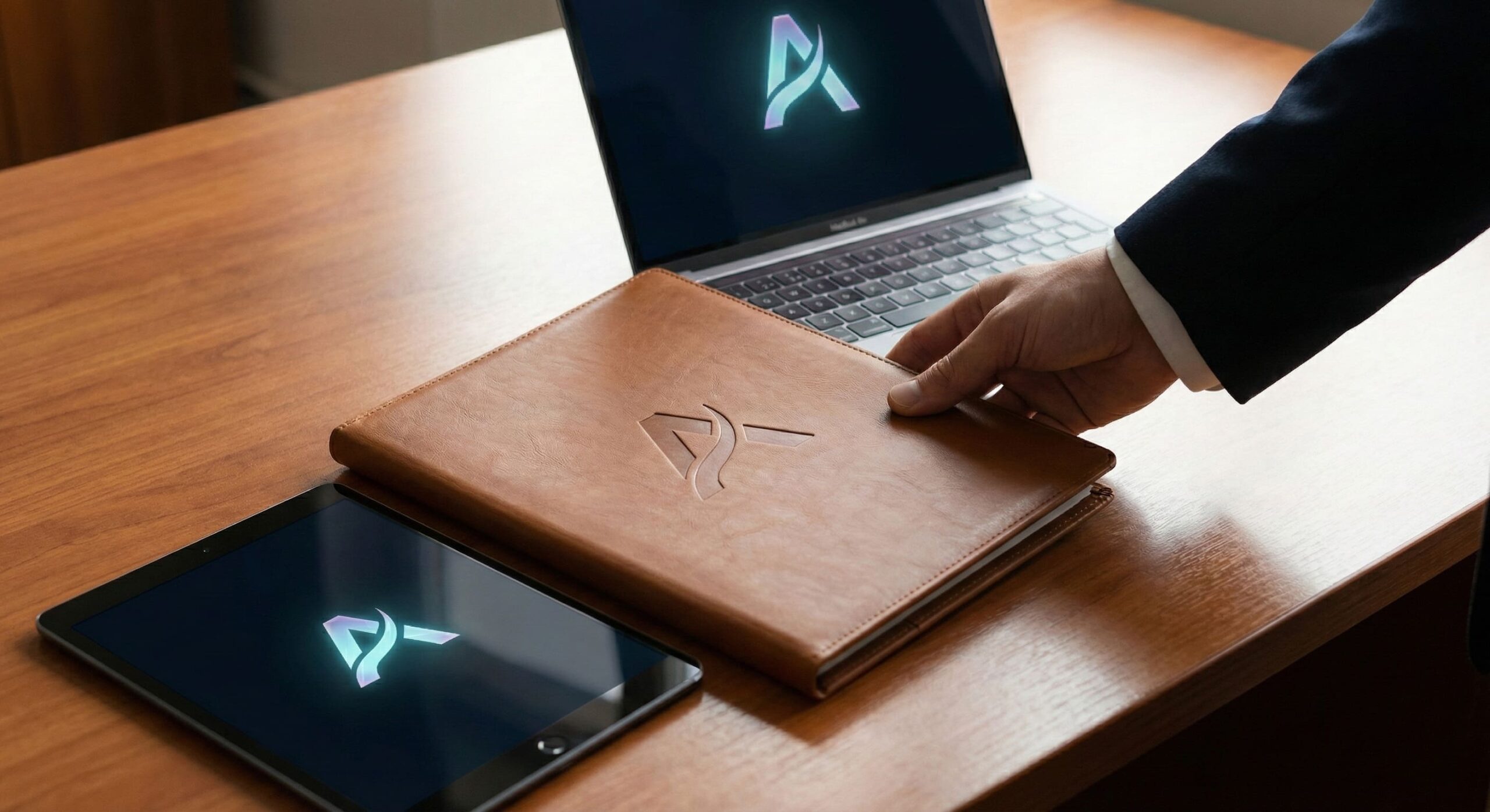 ตัวอย่างการใช้ผลงานการออกแบบโลโก้บนสมุดจดปกหนังและอุปกรณ์ดิจิทัล เพื่อเสริมสร้างความน่าเชื่อถือและความมืออาชีพ