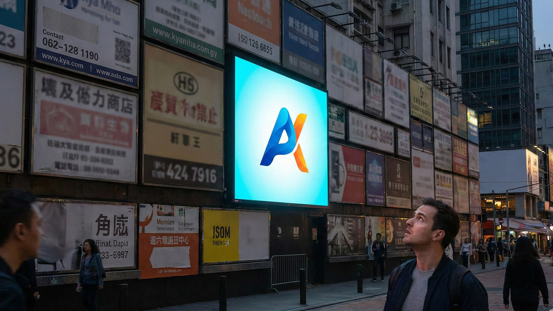 ป้ายโฆษณาดิจิทัลขนาดใหญ่แสดงผลงานการออกแบบโลโก้ที่โดดเด่นท่ามกลางป้ายอื่นๆ สื่อถึงการสร้างการจดจำให้กับแบรนด์