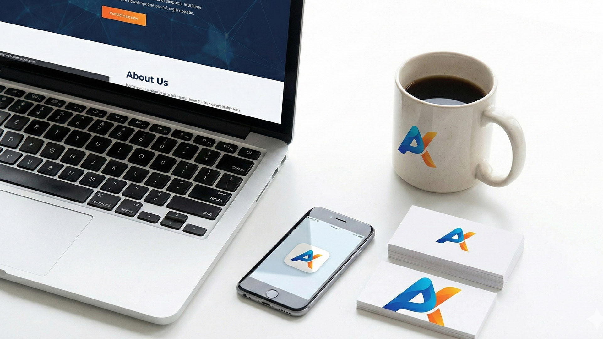 ชุดอุปกรณ์สำนักงานและสื่อดิจิทัลที่มีการใช้การออกแบบโลโก้เดียวกันอย่างเป็นระบบ แสดงถึงความยั่งยืนและการต่อยอดของแบรนด์