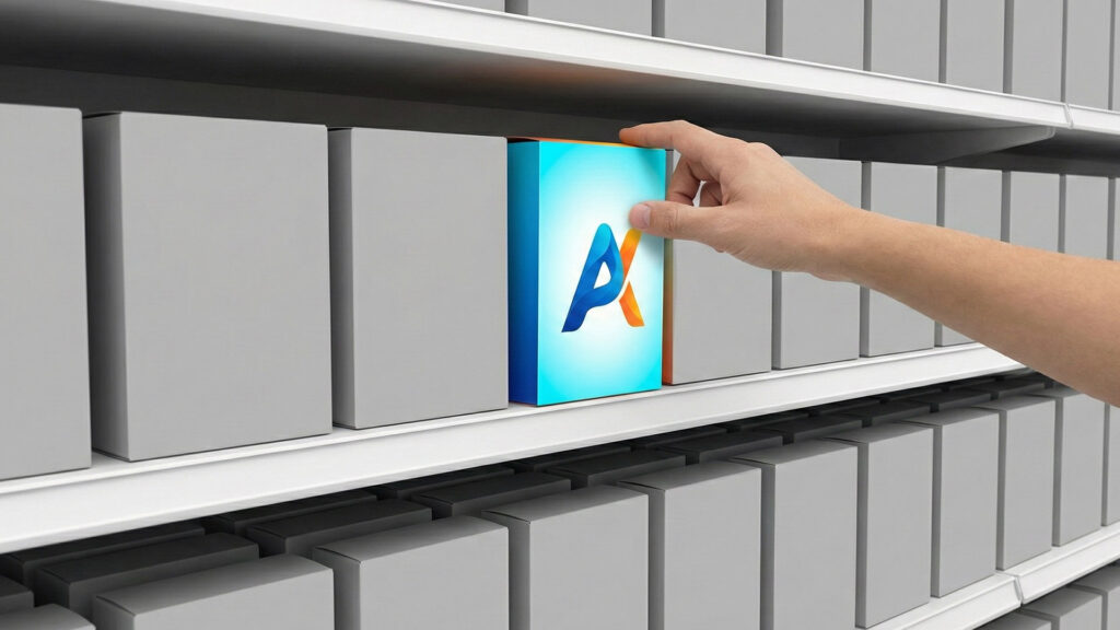 มือลูกค้าเลือกหยิบสินค้าที่มีการออกแบบโลโก้และบรรจุภัณฑ์ที่โดดเด่นจากสินค้าทั่วไปบนชั้นวางในซูเปอร์มาร์เก็ต