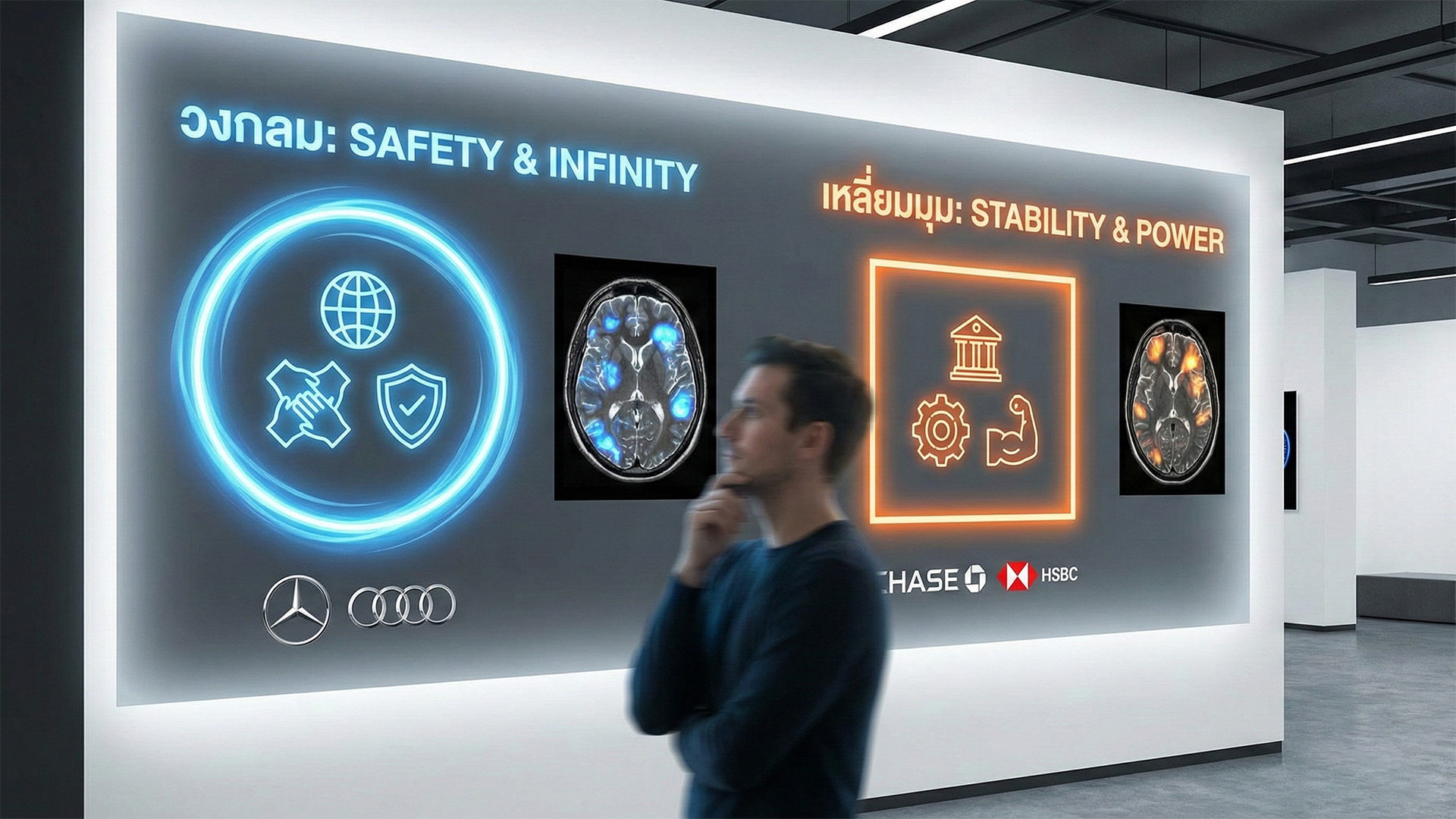 อินโฟกราฟิกสอนการออกแบบโลโก้ด้วยรูปทรงเรขาคณิตตามหลักจิตวิทยาโลโก้ เปรียบเทียบวงกลมที่สื่อถึงความปลอดภัย และสี่เหลี่ยมที่สื่อถึงความมั่นคงและพลังของแบรนด์