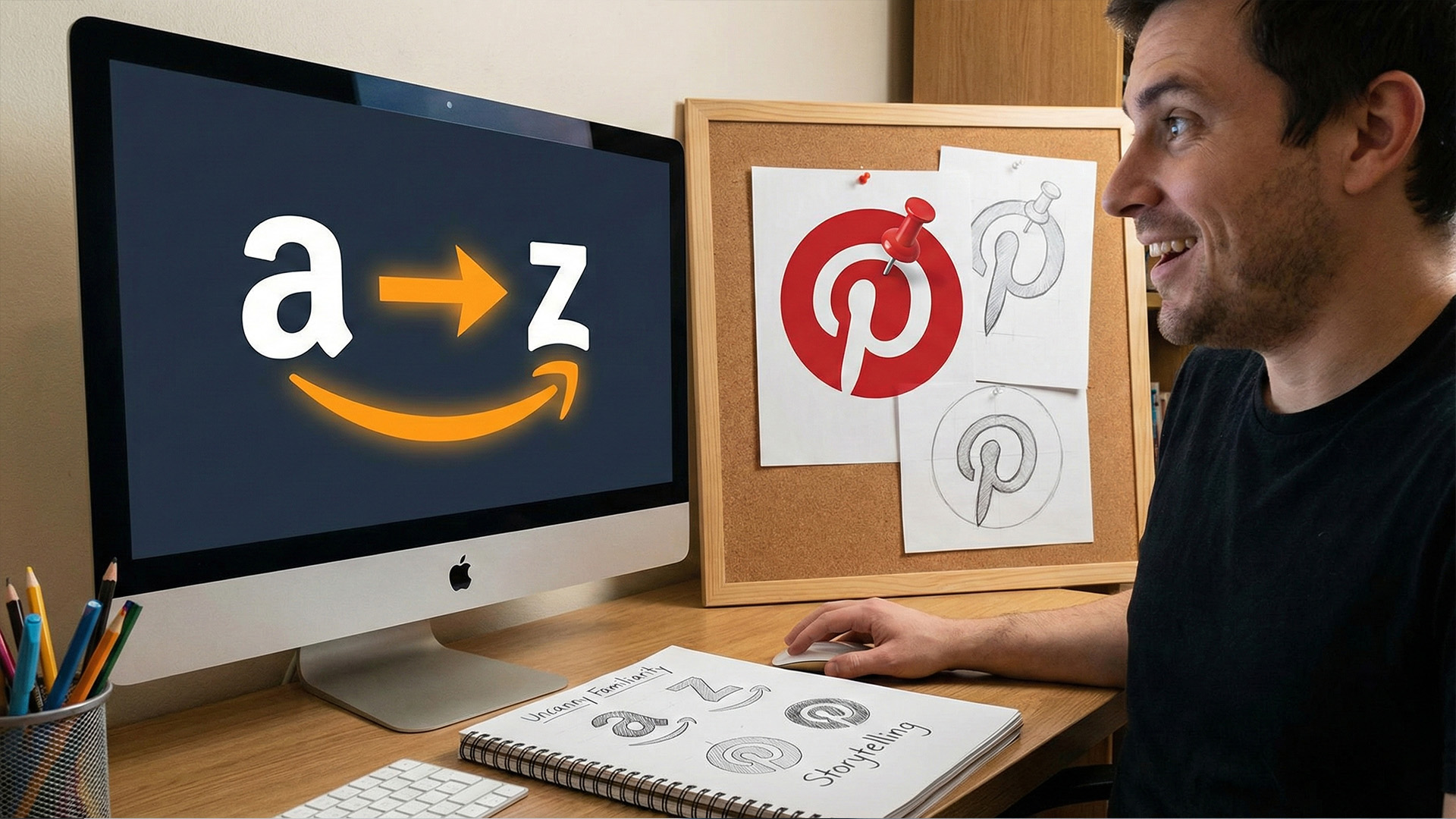 การออกแบบโลโก้เชิง Storytelling โดยใช้จิตวิทยาโลโก้ผ่านสัญลักษณ์ที่มีลูกเล่น เช่น รอยยิ้มของ Amazon และเข็มหมุดของ Pinterest เพื่อสร้างความหมายสองชั้นให้แบรนด์มีชีวิต
